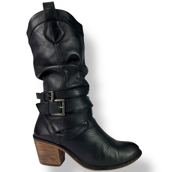 Aldo Vintage Western Go Go Boots High Heeled Black Leather Moto Biker 7.5 - 8 - Picture 3 of 11